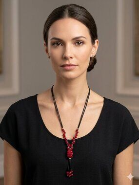 Compass Trading Co Red Bead Necklace Black Thread Boho Style